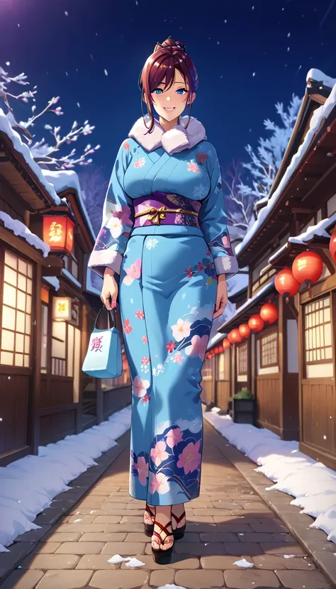 (masterpiece, best quality, ultra-detailed, high resolution, detailed eyes ,4k),  takeda hiromitsu style, (1mature female), voluptuous body, japan lady, slant eyes, blue eyes, Long brown ponytail, Smile, winter kimono, (blue floral kimono), winter scarf, f...