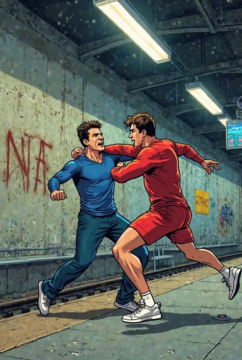 "A vibrant and dynamic cartoon-style illustration showing two organized cheermen fighting at a train station. The man dressed in blue clothes, black and white are winning the fight and throwing a powerful punch at the opponent, who wears red clothes. The i...