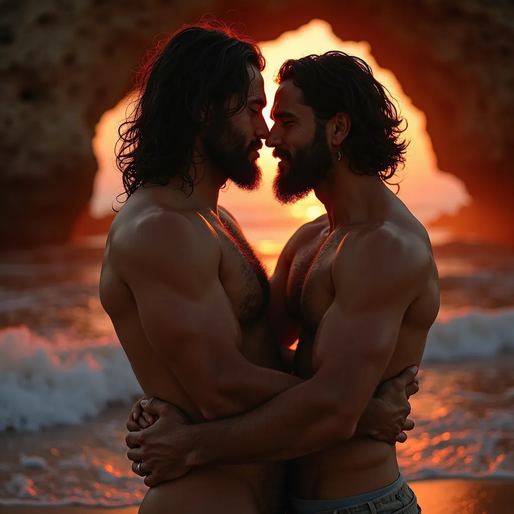 Two handsome men with beards, The two men look at each other with a lot of lust with their eyes closed , her sensually shaped body , inside a cave on the beach with the waves of the sea with orange and red light are visible,  with two tall men , two romant...