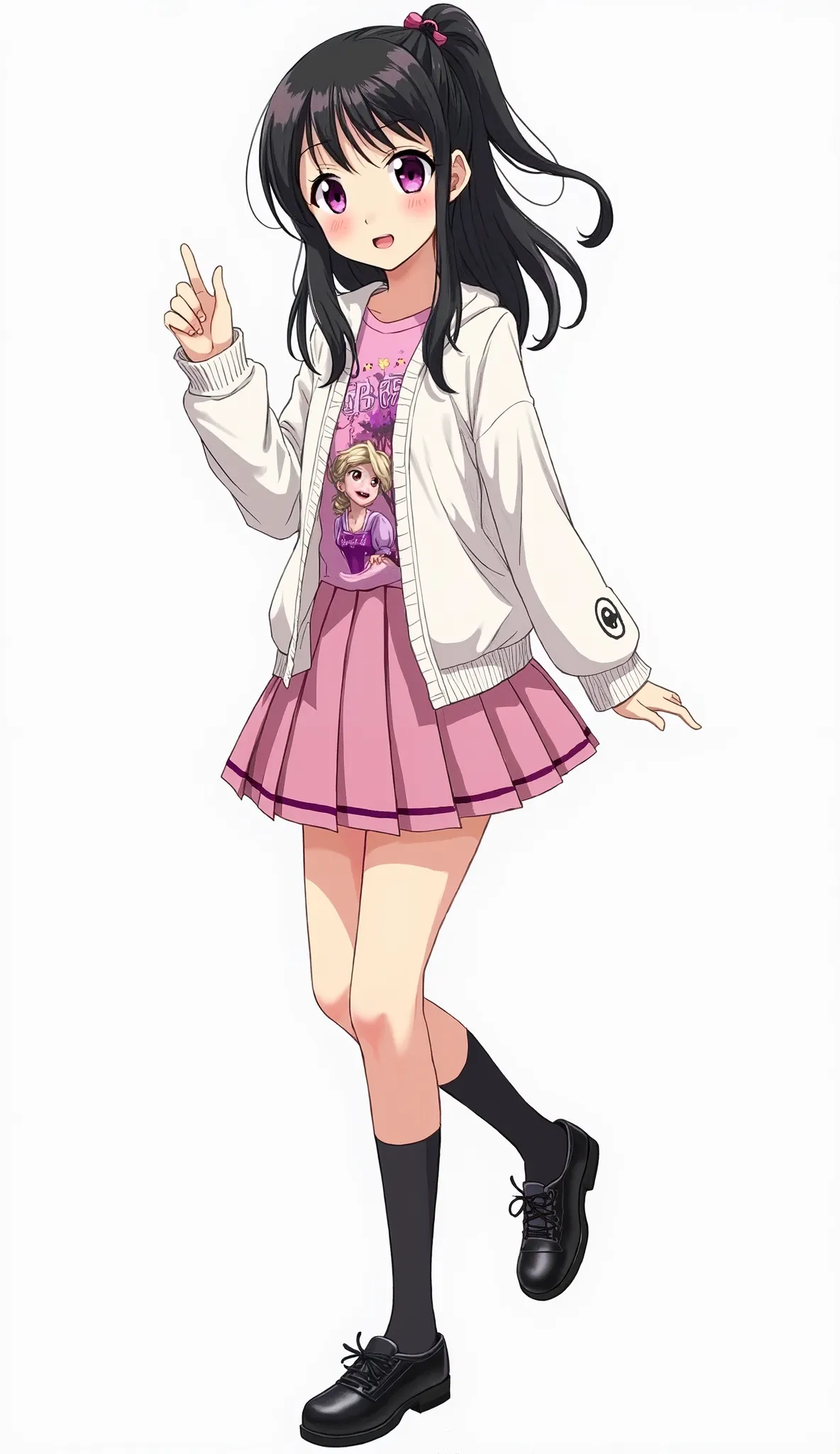 Japanese anime adolescent woman with long straight black hair with a short ponytail and locks and intense magenta eyes and wears a set of clothes for girls consisting of a white sweatshirt with open closure and a pink t-shirt with a Rapunzel print and a pi...