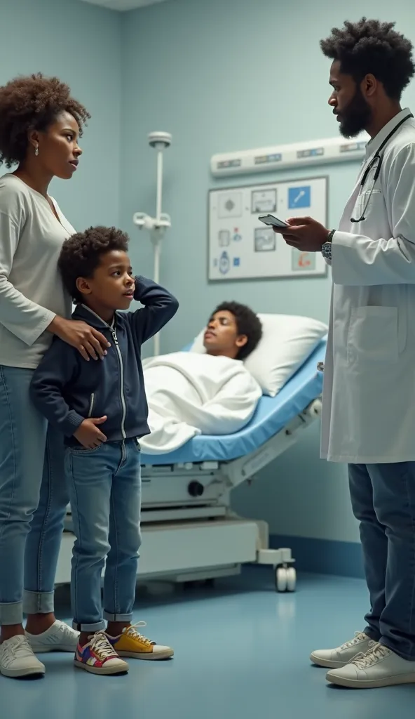 "A hyper-realistic 4K scene inside a hospital room, showing a  Black boy with curly hair and stylish clothes—a clean jacket, jeans, and colorful sneakers—holding his hand over his ear in visible pain. His face is slightly contorted with discomfort, his bro...