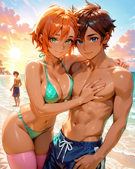 Couple, hetero, leaning on each other, detailed shading, cel shading, beautiful render art, intricate details, BREAK, Luz noceda, busty chest, ample breasts, dark skin, tanned skin, cute face, loving expression, cute green eyes, short hair, pixie cut hair,...