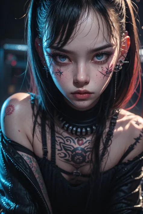 Perfect ultra realism, cyberpunk, macro, a beautiful cybergothic cyborg girl, with red neon led cutouts on her face, mechanical parts on her body, gears, many piercings, earrings and expanders, many tattoos, and blades, messy dry black hair, large detailed...