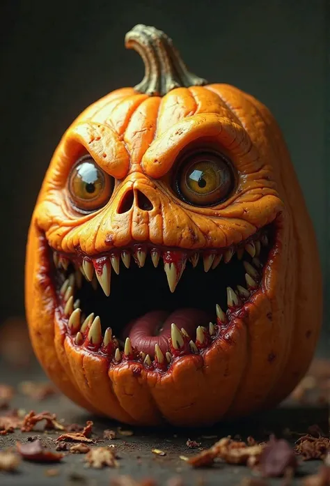 A hyper-realistic, ultra-detailed 4K render of a monstrous, living pumpkin creature with disturbingly organic features. Its skin is deep orange, slightly wrinkled, and stretched over an overripe, swollen body, with small cracks revealing glimpses of fibrou...