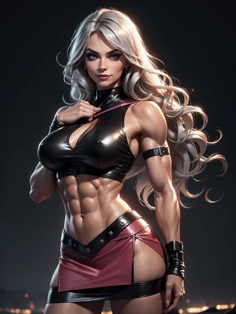 A gorgeous and stunning ((superheroine)), smirking, smiling, dominant, challenging demeanor, smug, teasing, tall, statuesque, imposing, towering, biceps, triceps, ((eight pack abs, extremely defined abs double bicep pose)), ((black and pink costume, leathe...