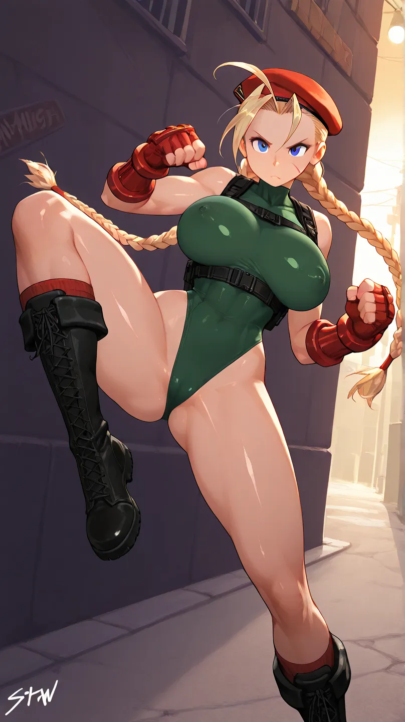 CammyWhiteSFXL, scar on cheek, blue eyes, blonde hair, long hair, twin braids, antenna hair, camouflage, red beret, large breasts, bare shoulders, green leotard, black harness, red gloves, fingerless gloves, black boots
, street alley, flying kick, shiny, ...