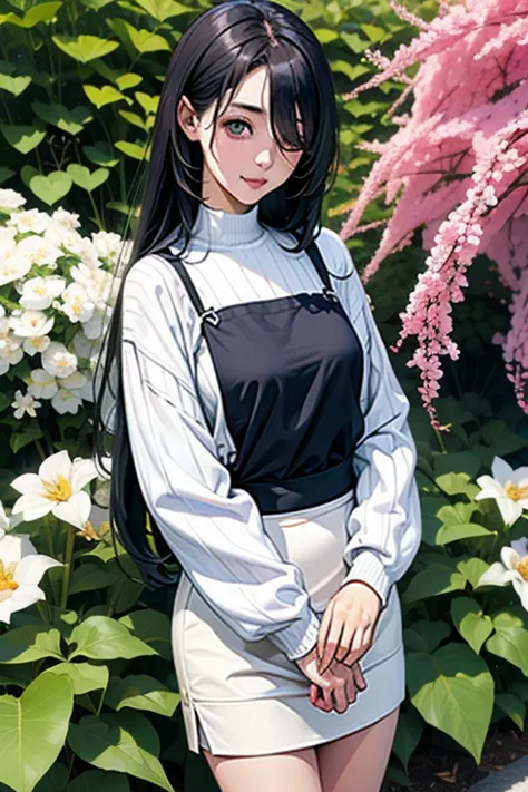 woman。 long straight black hair。((A neat daughter。Narrow eyes。 slim:1.3))。Shyness。White summer sweater。navy blue skirt。In the spring garden