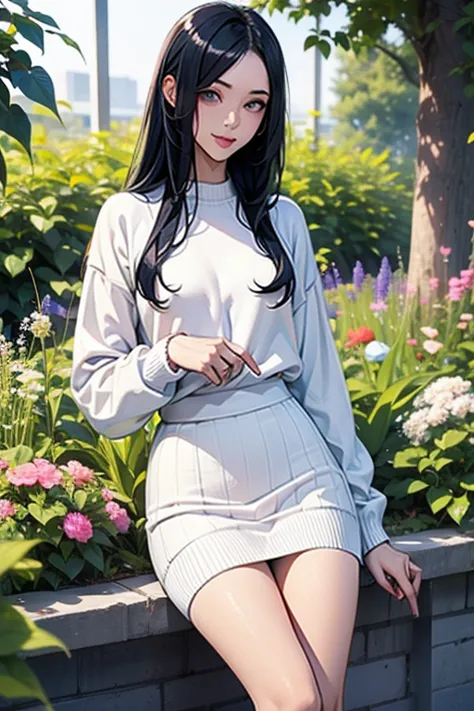 woman。 long straight black hair。((A neat daughter。Narrow eyes。 slim:1.3))。Shyness。White summer sweater。navy blue skirt。In the spring garden