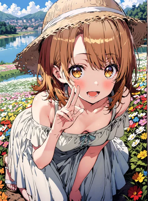 Irohaisshiki, Isshiki Iroha , short hair, brown hair, brown eyes, bare shoulders,Bare clavicle,Bare neck,smile,blush,open your mouth,straw hat with right hand, White Off Shoulder Dress,Short sleeve, white long skirt, cute heeled sandals ,There is a beautif...