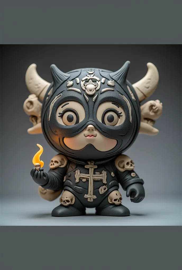  (best quality, cute, well detailed, synthetic and rounded forms a vinyl art toy cute and tender of a masked male wrestler Blue Demon on a catholic saint's body , decorated with skulls, Colors of the mask black and silver, Details Aztec reliefs holding a f...