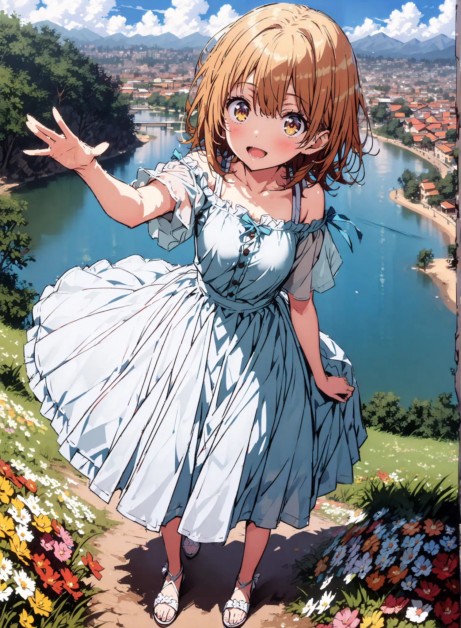 score_9, score_8_up, score_7_up,  source_anime,
Irohaisshiki, Isshiki Iroha , short hair, brown hair, brown eyes,smile,blush,open your mouth,straw hat with right hand, White Off Shoulder Dress,Short sleeve, white long skirt, cute heeled sandals ,standing, ...