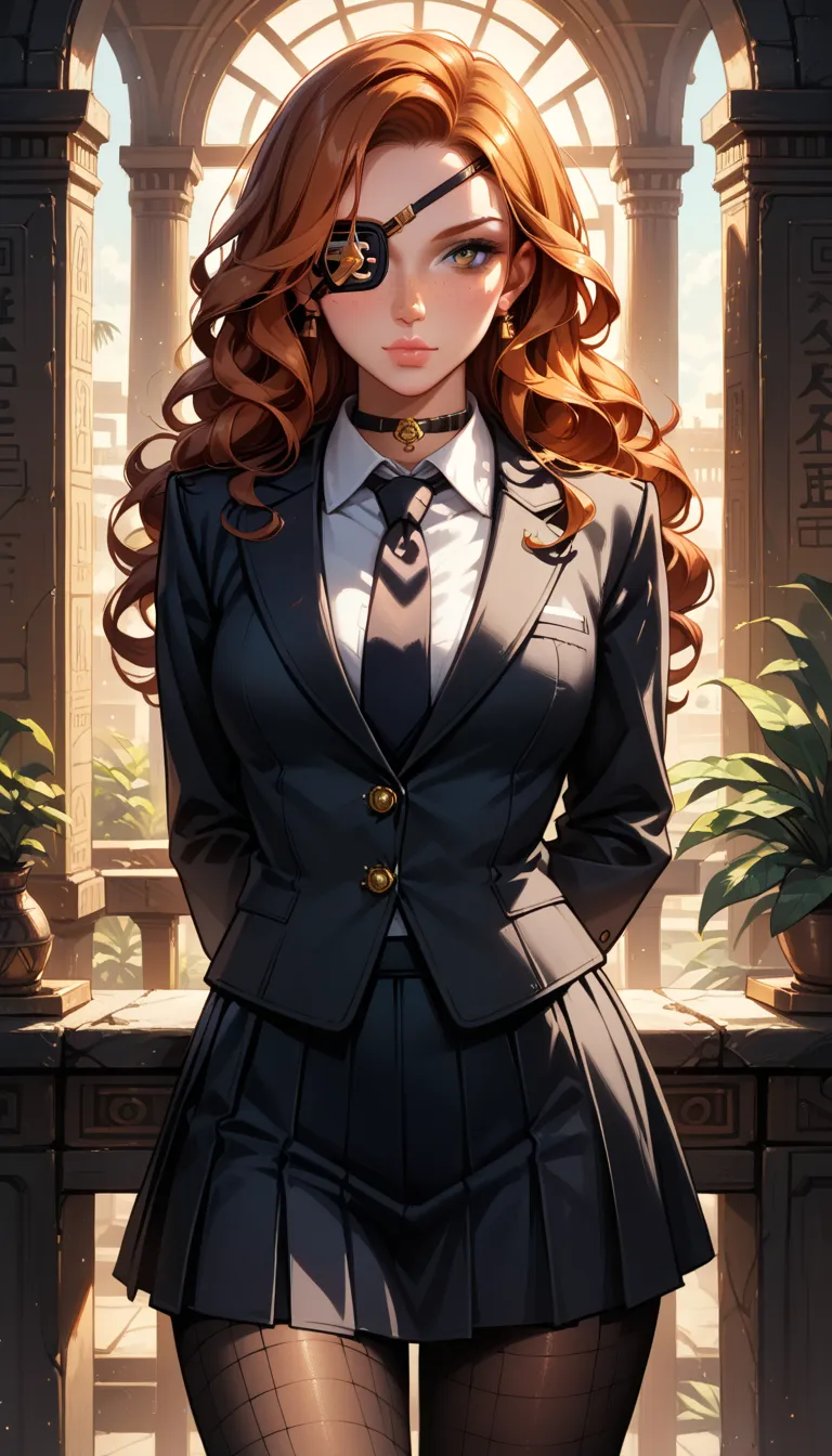 masterpiece, (ultra detailed background, delicate pattern, intricate detail), (highly detailed, fine details), best quality, beautiful lighting, 1girl, solo, Nova, long hair, curly hair, lips, dark ginger hair, wavy hair, ((yellow eyes, eyepatch)), freckle...