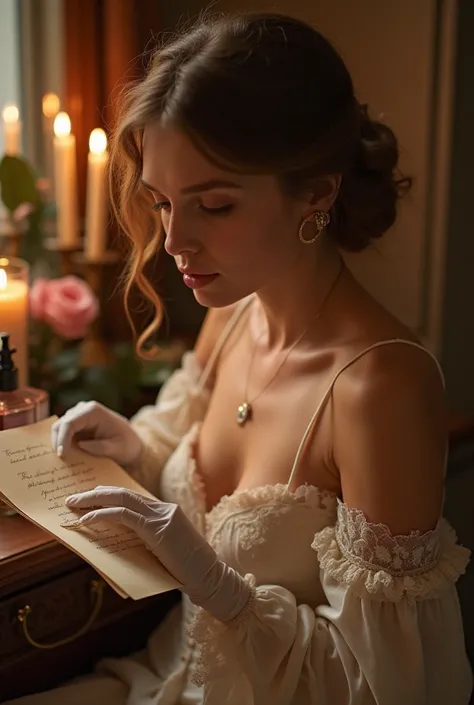 With a soft sparkle in the eyes and a smile that dances on the lips, she slides her gloved fingers over the delicate paper, as if touching the memory of the beloved. Dressed in an elegant ivory silk dress, with fine lace adorning the sleeves and a corset t...