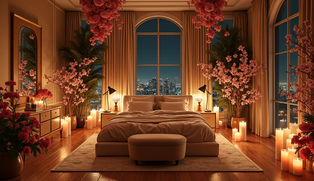 A large luxurious bedroom decorated with flowers and candles. The design of the room is modern and luxurious. At night, the room is large at night 