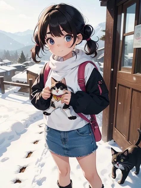   masterpiece , ，     cute doodle     ，    funny, Excellent, S，Short length，     curly hair   ，   twin tails seen from above，     bright ，     curious eyes     ，   freckles，    thick eyebrows，   warm muffler   ，   down jacket in the snowy mountains  ，long ...