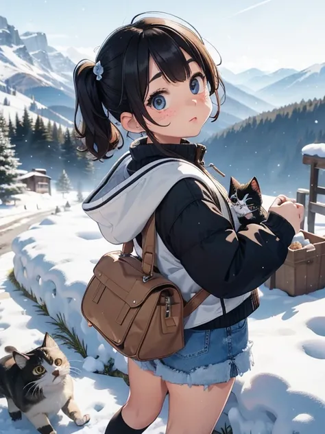   masterpiece , ，     cute doodle     ，    funny, Excellent, S，Short length，     curly hair   ，   twin tails seen from above，     bright ，     curious eyes     ，   freckles，    thick eyebrows，   warm muffler   ，   down jacket in the snowy mountains  ，long ...