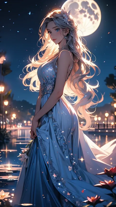 Under the night sky, the most beautiful Scandinavian woman in the world stands with the full moon as a backdrop. Her long blonde hair sways in the wind, and her blue eyes shine mysteriously in the moonlight. She is wearing an elegant white dress, surrounde...