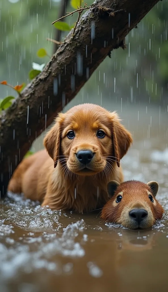 "Wide shot of a golden-brown puppy with floppy ears and soaked fur, pinned beneath a thick branch in churning brown water. Rain pours relentlessly, with leaves and debris swirling. The capybara, round and cinnamon-furred, swims determinedly toward the pup....