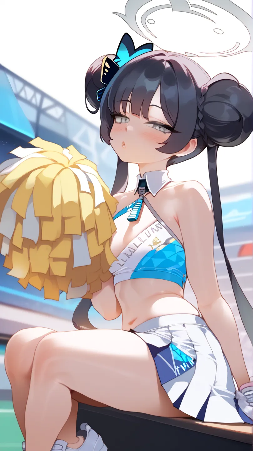 score_9, score_8_up, score_7_up, 1loli, petite, kisaki-default,kisaki \(blue archive\),grey eyes,black hair,double bun,twintails,halo, sitting on table, cheerleader, detached collar, white crop top, two-tone crop top, midriff, criss- cross halter, two-tone...