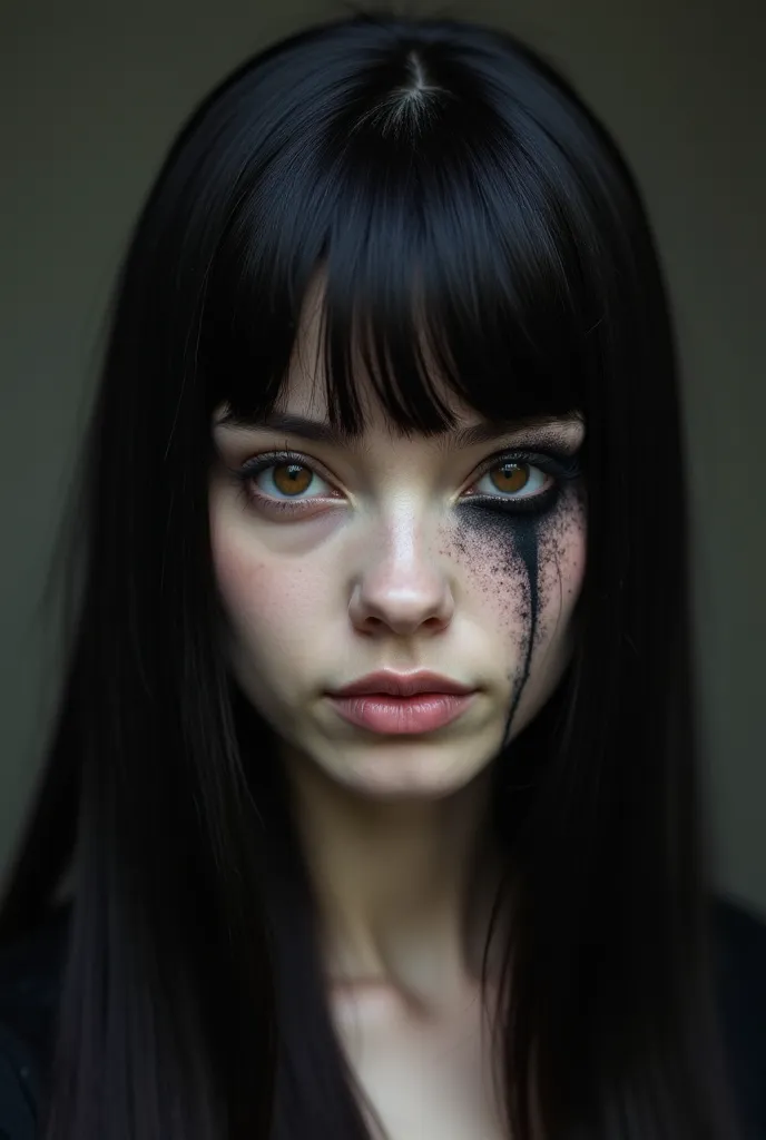 woman with straight black hair without bangs,white skin, brown eyes and a large scar that reaches from your forehead to your left eye and that your scar is large, very large, as if you were trying to get a wolf to seriously scratch your face