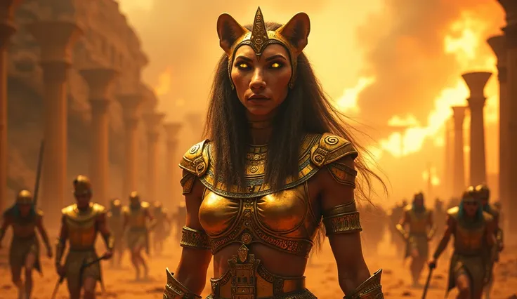 A highly detailed, realistic depiction of Sekhmet, the Egyptian lion-headed goddess of war, standing in the midst of an ancient battlefield. She has the head of a majestic lioness with piercing, glowing golden eyes and a fierce, determined expression. Her ...