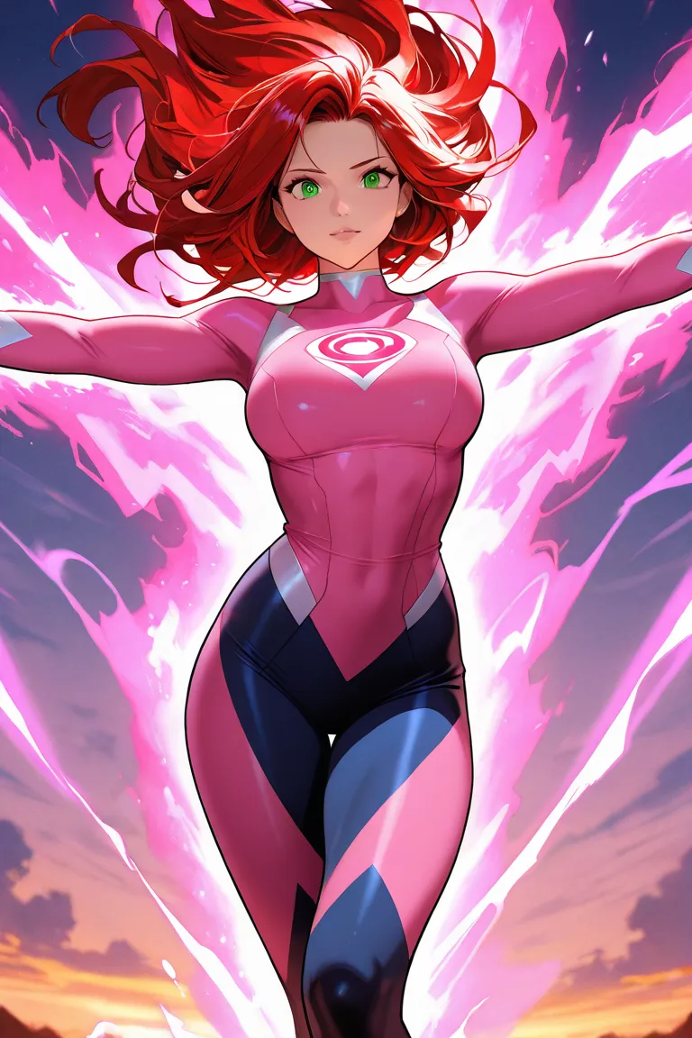 A female superhero with long, bright red hair and green eyes floats majestically in the air. She is wearing a tight-fitting pink superhero costume with a stylized atom symbol on the chest. A bright pink energy aura surrounds her, as she shapes and changes ...