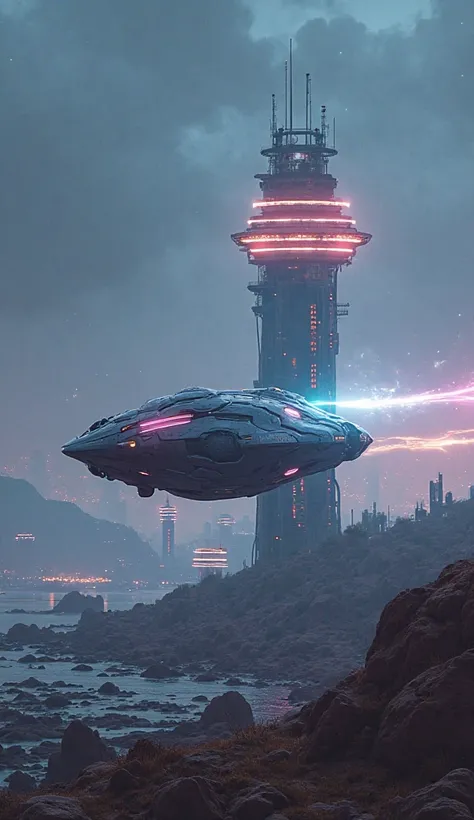 a  futuristic face  vehicle levitating above the ground,   que se mueve rápidamente hacia un faro visible a lo lejos  , a  futuristic face  lighthouse shining horizontally with lasers instead of light, panoramic view of a night  science fiction  anime land...