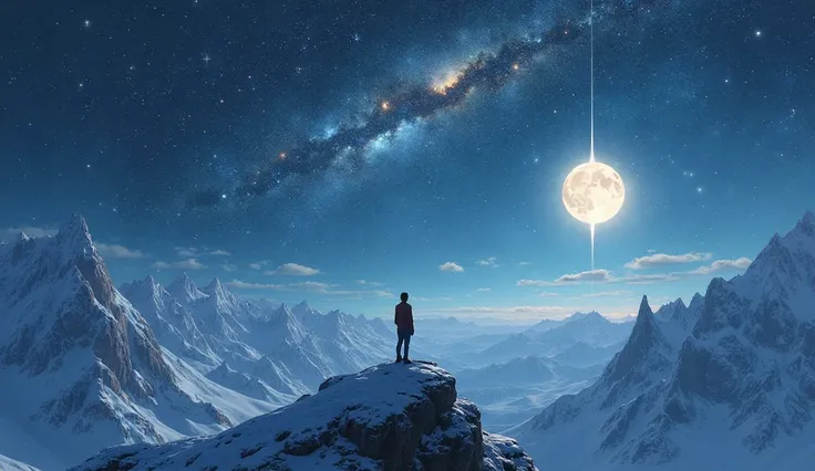 A vast starry landscape seen from a mountain, with a small man contemplating in wonder.  the moon and the stars shine brightly 