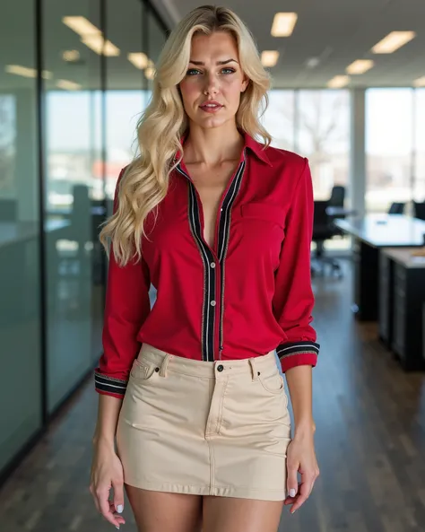 White secretary with giant tits and blonde hair in red button down with black stripes thats unbuttoned to show off her huge tits. And light beige mini skirt. Athletic body, not fat. Long legs, thick thighs. Les vêtements collent à son corps parfait. G cup ...