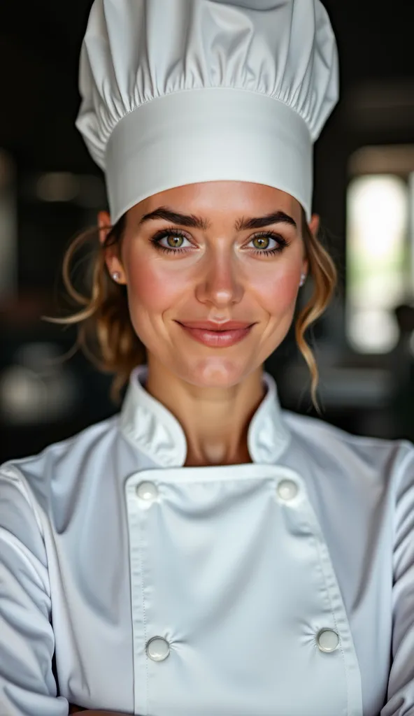 super realistic photograph on American plane of a professional chef wearing a chef's cap type touch blance. Lucía is a 30-year-old woman, White-skinned Caucasian, athletic build, thin beak, Black eyebrow marked, large olive-colored eyes, thin and sharp nos...