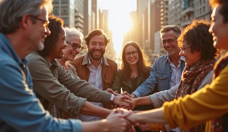 A diverse group of people in their 20s to 50s, smiling and holding hands in a circle, symbolizing unity and shared goals. The background is a vibrant cityscape, and the atmosphere is uplifting and motivational. —ar 16:9