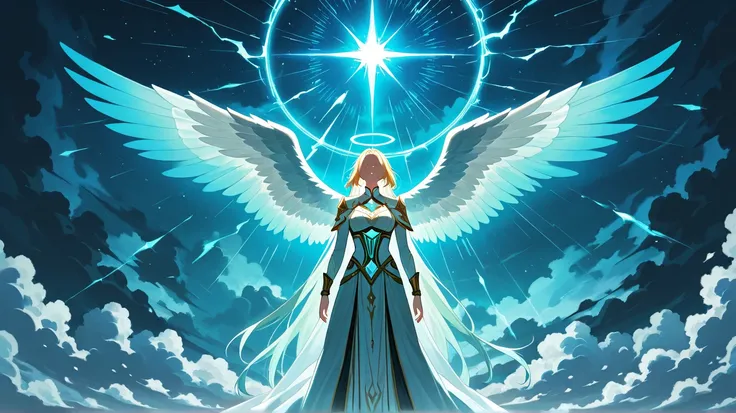 "A majestic angel with large, glowing wings spread wide, standing in a divine and ethereal atmosphere. The angel wears a flowing white robe that cascades onto the ground like silk, illuminated by a celestial glow. A radiant, electrified blue halo floats ab...