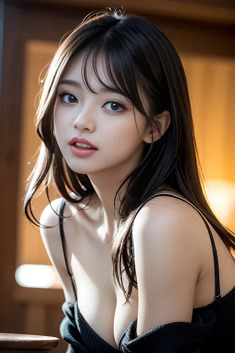 Tabletop, Best Quality, shape, extremely detailed, detailed, High resolution, 8K wallpaper, Perfect dynamic composition, Beautiful detailed, Natural lips, Long sleeve black knit dress, Small breasts, RAW Photos,K-pop idol faces ,cute,Face close-up，Leaning ...