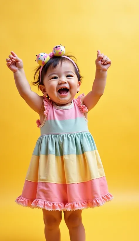 

"A cute one-and-a-half-year-old baby girl joyfully dancing with a big smile on her face. She is wearing a colorful dress with frilly edges, and her tiny hands are raised in excitement. Her chubby cheeks and sparkling eyes make her look even more adorable...