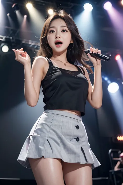 22 years old,one woman,mini skirt,idol costumes,panty shot,dancing,hands up,big eyes,tall of a person,upper body,beautiful face,open mouth,long hair,darkslategray hair,from front,focusing,on stage