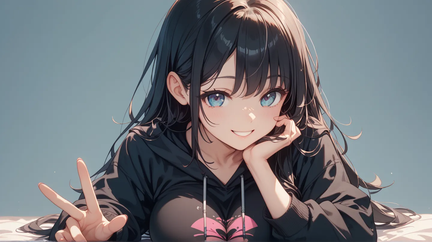 1 cute girl、 black hair long hair、simple background、younger sister、smile、Big Breasts、black hoodie sitting on hand