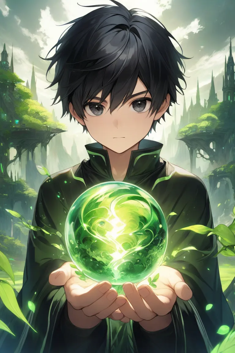 a boy with black hair, black eyes, fantasy world, green energy on his hands