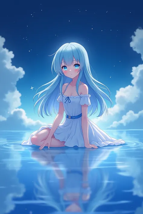 Young woman, light blue hair and eyes, long hair, anime Japanese style, petty, stars, night sky and cloud background, water ground.