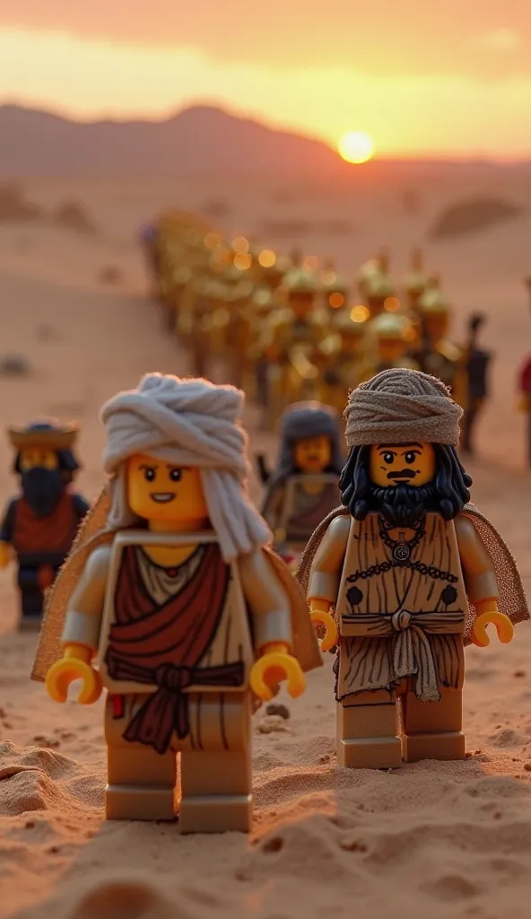 "A scene of LEGO dolls depicting the Hebrew people walking through the desert, dressed in simple clothes and turbans. In the background, an Egyptian army of LEGO soldiers in golden horse-drawn carriages is rapidly approaching. The scenery is arid, with san...