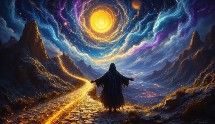 Imagine a whimsical, dreamlike landscape featuring a winding yellow brick bridge leading to a figure in a black cloak, arms outstretched as if embracing the cosmos. The sky is a burst of swirling blues, with a bright yellow sun and a vibrant galaxy above, ...