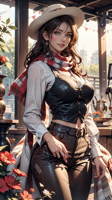 Portrait of a beautiful woman on a farm full of flowers:1.2 , Cowboy Hat,  Fringed Vest  , pants, scarf ,  Confidence  , Big Breasts,sexy proportions、erotic、 Fantastic、 western boots 、 arm-crossed、smile