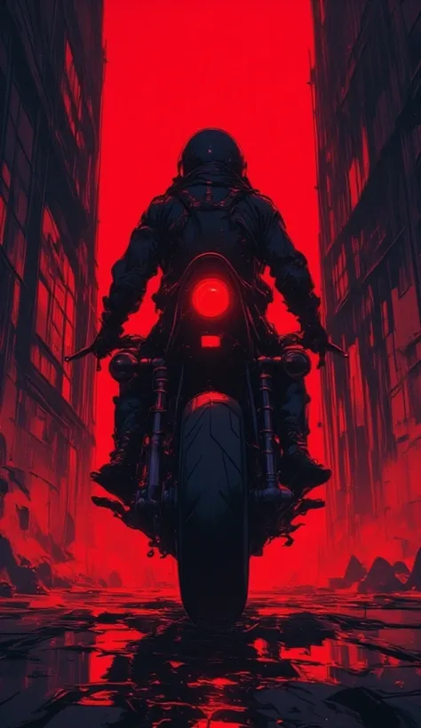 red design motorcycle poster、Shooting from the rear、Wide Angle Lens, long exposure 、tail lamp、 Animation inspired by Katsuhiro Otomo,   trending on pixiv, Chest for Men, Akira's motorcycle, Akira motorcycle, Akira art style, Akira japanese art, Akira artst...