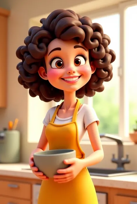 A friendly 3D cartoon mom with curly hair, wearing an apron and holding a mixing bowl. She has a warm smile and is standing in a bright, modern kitchen. The art style is colorful, cartoonish, and family-oriented, similar to Cocomelon