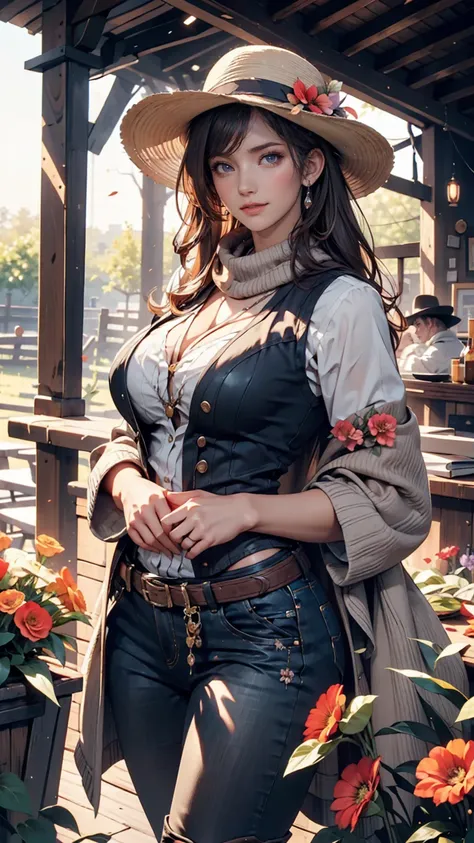 Portrait of a beautiful woman on a farm full of flowers:1.2 , Cowboy Hat,  Fringed Vest  , pants, scarf ,  Confidence  , Big Breasts,sexy proportions、erotic、 Fantastic、 western boots 、 arm-crossed、smile