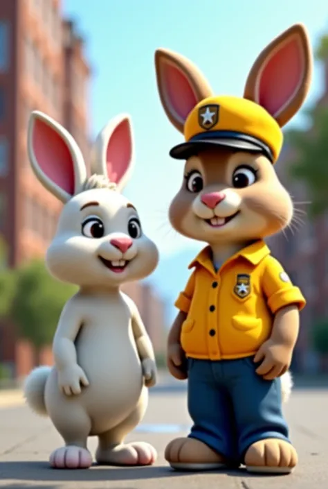 Create a photo of a cartoon character rabbit with white fur, does not need to wear clothes, sister rabbit with brown fur, does not need to wear clothes, stands on the sidewalk next to the traffic cop bunny, with pants and yellow uniform shirt, yellow hat.
...