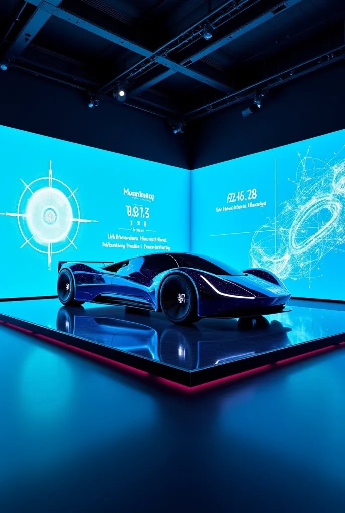 A side view of the Tesla HyperNova 2040, presented in a cyberpunk-inspired showroom. The ultra-low aerodynamic body is displayed on a floating glass platform. The levitating wheel technology is showcased with a holographic animation beside the car. The sho...