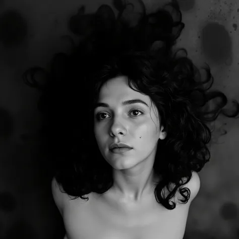 Cinematic photography, eye-level view of a young woman with long, disheveled black curly hair cascading over her bare shoulders. Her skin is pale, contrasting sharply with the dark, matte background that resembles a surface covered in black soot. She gaze...
