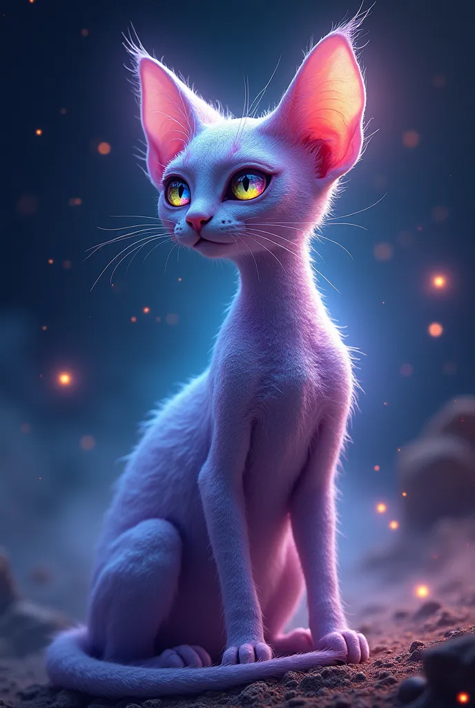 Imagine an alien cat with a majestic and enigmatic appearance. Its body is slender and covered with iridescent fur that changes color between shades of purple, blue and silver , reflecting light as if it were made of stardust.

 He has four ears , two in i...