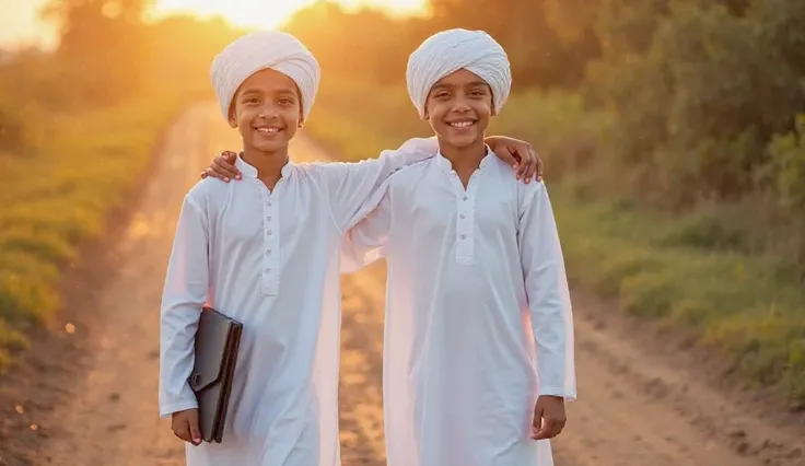 "An ultra-realistic and beautifully detailed image of two 16-year-old handsome Muslim boys walking on an unpaved (muddy, rural) road. Both are wearing brand-new white kurta-pajamas and pure white Imama Sharif (Islamic turban). Their faces are radiant and f...