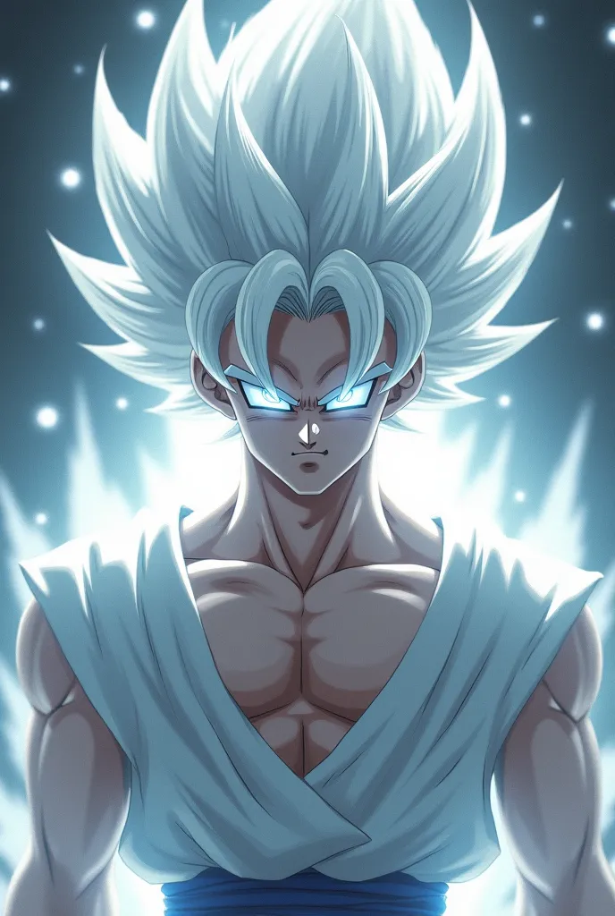 Goku ### 

⚪ **Hair:** **Pure white, floating weightlessly**

⚪ **Eyes:** **Silver, glowing like celestial stars**

⚪ **Aura:** **A blinding silver-white light, distorting reality slightly**